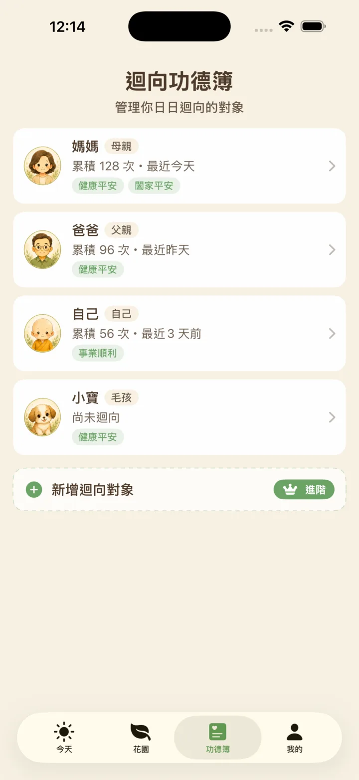 功德簿顯示迴向對象與累積次數